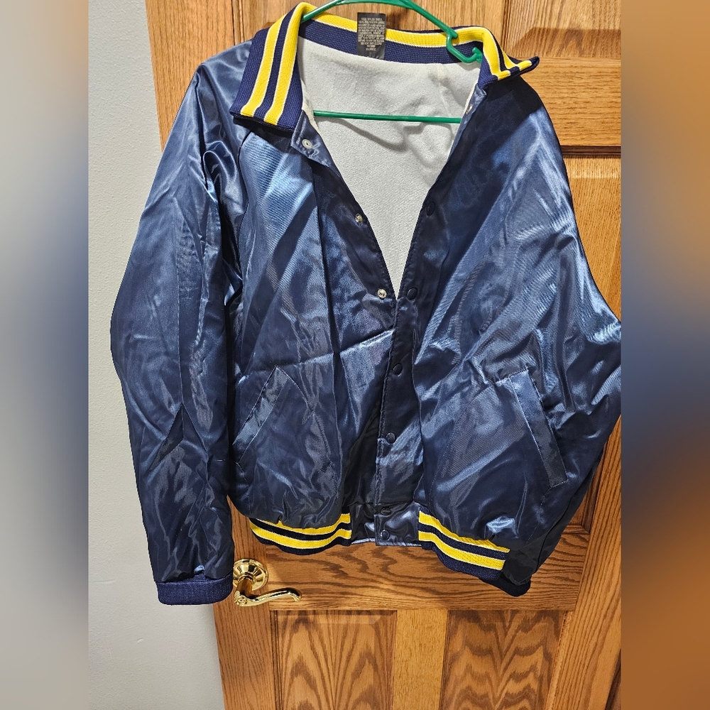 Vintage 1980's Aristo Jac Men's Navy Jacket with Yellow Accents